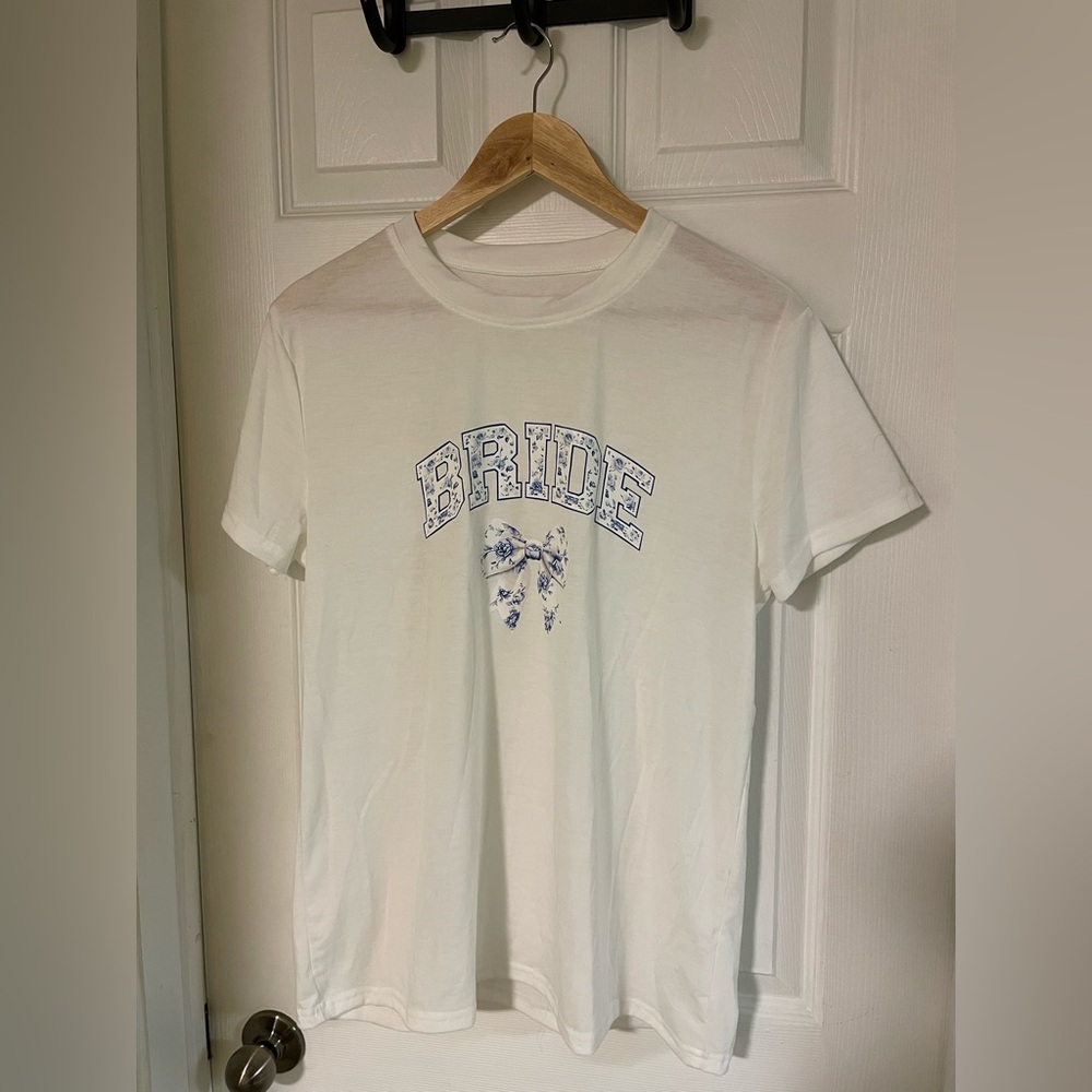 White Graphic Bride T-Shirt with blue floral